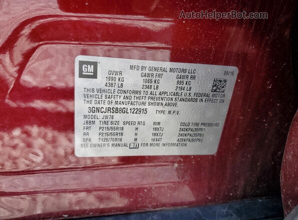 3GNCJRSB8GL122915 2016 CHEVROLET TRAX Maroon Вид наклейки з VIN-кодом