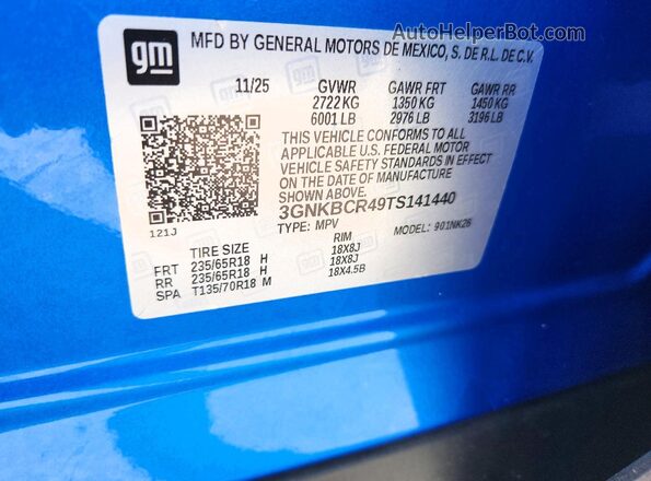 3GNKBCR49TS141440 2026 CHEVROLET BLAZER Blue VIN կոդի պիտակի տեսք