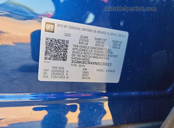 3GNKBCR4XNS130613 2022 CHEVROLET BLAZER Blue Панорамний вид салону 360°