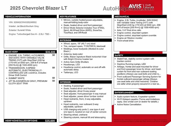 3GNKBCR4XSS249502 2025 CHEVROLET BLAZER Белый Вид наклейки с VIN-кодом