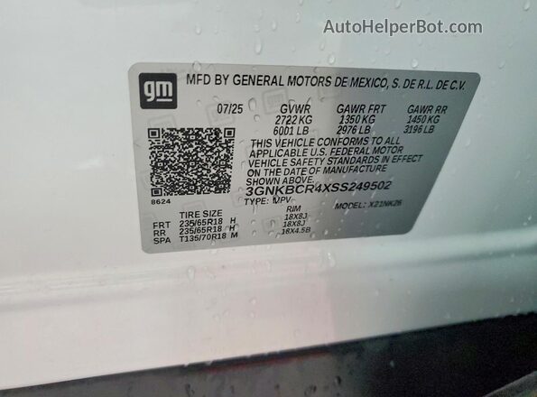 3GNKBCR4XSS249502 2025 CHEVROLET BLAZER Белый Панорамный вид салона 360°