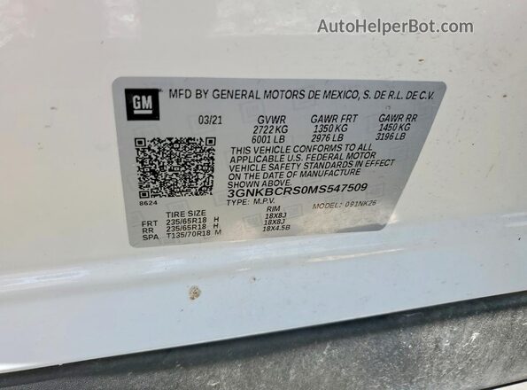 3GNKBCRS0MS547509 2021 CHEVROLET BLAZER White Vista de la etiqueta del VIN