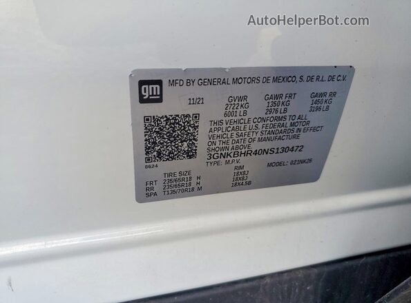 3GNKBHR40NS130472 2022 CHEVROLET BLAZER Белый Панорамный вид салона 360°