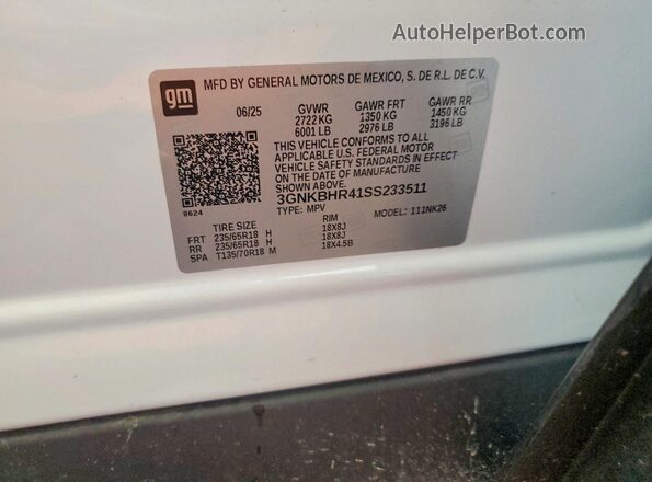 3GNKBHR41SS233511 2025 CHEVROLET BLAZER Белый Панорамный вид салона 360°