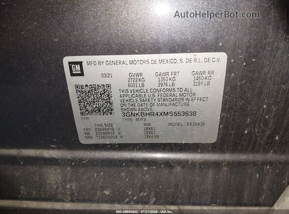 3GNKBHR4XMS553638 2021 CHEVROLET BLAZER Gray Vista del compartimento del motor