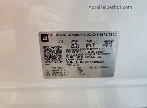 3GNKBHRS0LS589660 2020 CHEVROLET BLAZER White VIN կոդի պիտակի տեսք