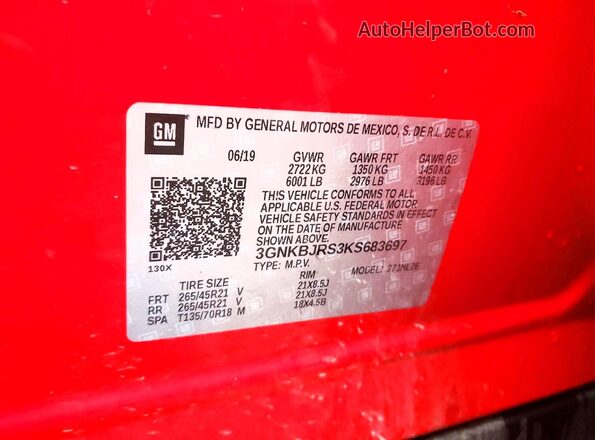 3GNKBJRS3KS683697 2019 CHEVROLET BLAZER Red VIN კოდის სტიკერის ხედი