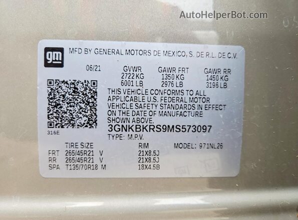 3GNKBKRS9MS573097 2021 CHEVROLET BLAZER Beige Vista de la etiqueta del VIN