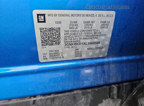 3GNKBKRSXLS660585 2020 CHEVROLET BLAZER Blue Vista de la etiqueta del VIN
