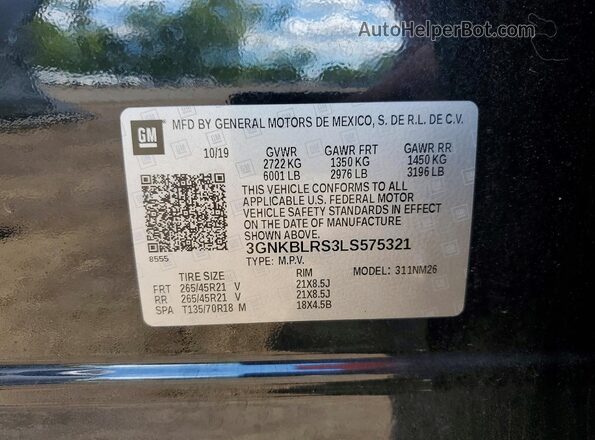 3GNKBLRS3LS575321 2020 CHEVROLET BLAZER Black Widok naklejki z numerem VIN