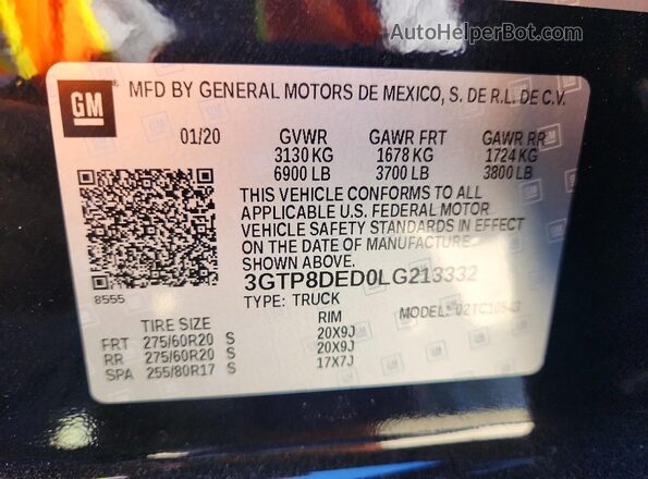 3GTP8DED0LG213332 2020 GMC SIERRA Black Widok naklejki z numerem VIN