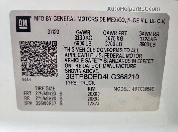 3GTP8DED4LG368210 2020 GMC SIERRA Белый Вид подкапотного пространства