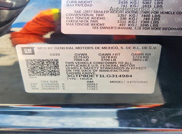 3GTP8DET1LG314984 2020 GMC SIERRA Black Շարժիչի բաժամունքի տեսք