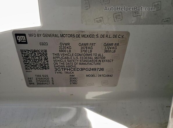 3GTPHCED3PG249726 2023 GMC SIERRA White VIN კოდის სტიკერის ხედი
