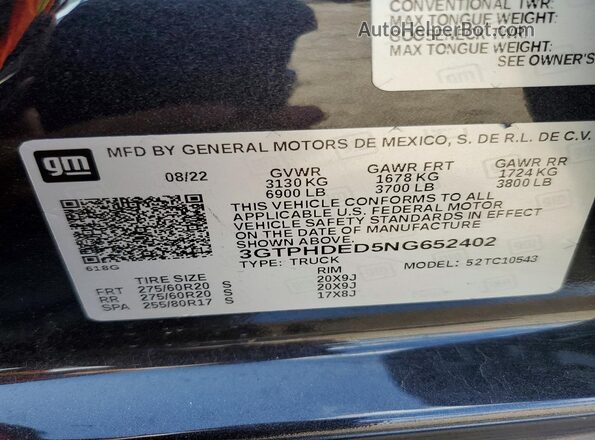 3GTPHDED5NG652402 2022 GMC SIERRA Charcoal Вид підкапотного простору