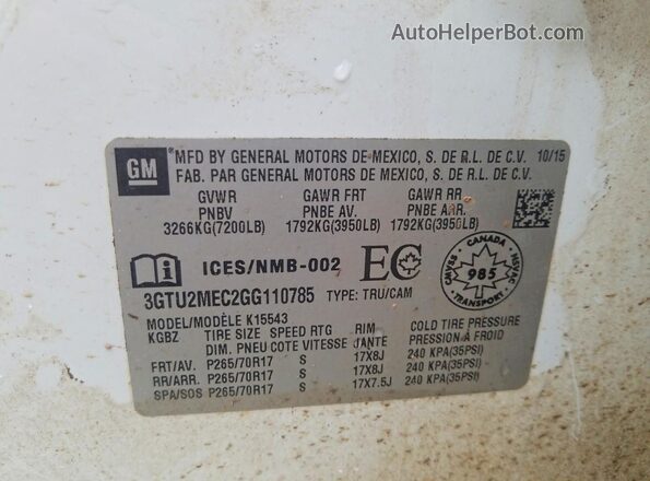 3GTU2MEC2GG110785 2016 GMC SIERRA White ძრავის განყოფილების ხედი