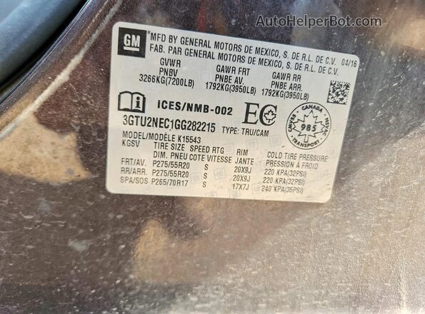 3GTU2NEC1GG282215 2016 GMC SIERRA Угольный Вид наклейки с VIN-кодом