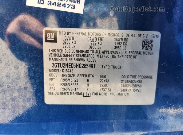 3GTU2NEC5HG285491 2017 GMC SIERRA Blue Вид підкапотного простору