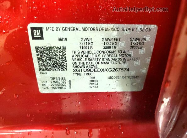 3GTU9DEDXKG267574 2019 GMC SIERRA Красный Вид подкапотного пространства