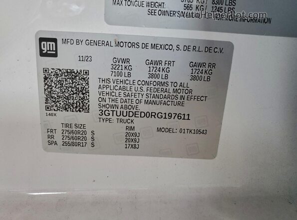 3GTUUDED0RG197611 2024 GMC SIERRA White Widok naklejki z numerem VIN