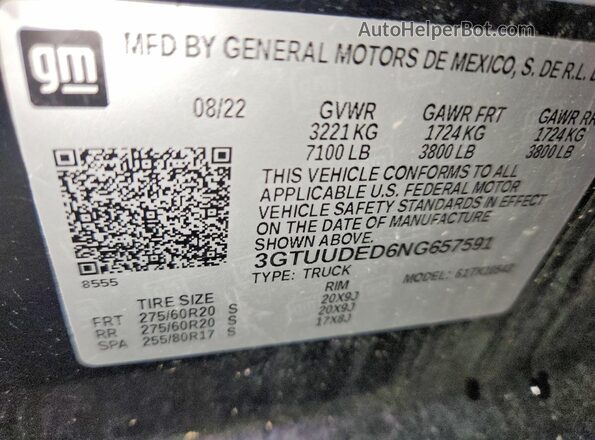 3GTUUDED6NG657591 2022 GMC SIERRA Black Engine compartment view