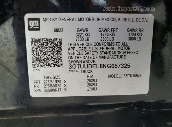 3GTUUDEL8NG657325 2022 GMC SIERRA Black VIN կոդի պիտակի տեսք