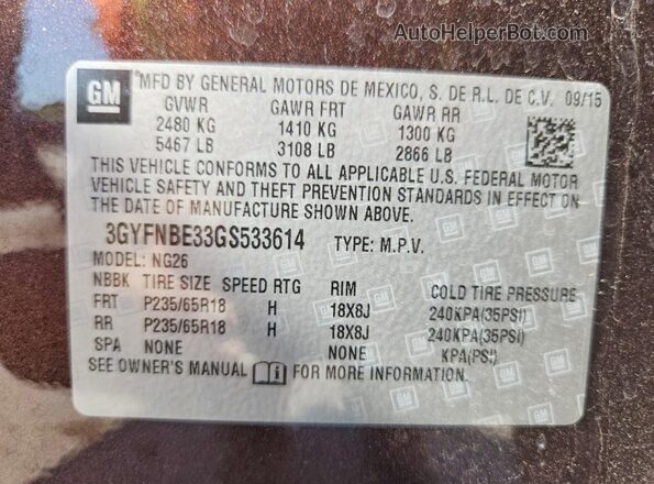 3GYFNBE33GS533614 2016 CADILLAC SRX Brown VIN sticker view