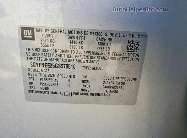 3GYFNEE35GS578510 2016 CADILLAC SRX Серебряный Вид наклейки с VIN-кодом
