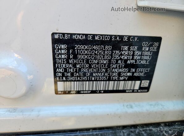 3HDSA2H51TM703057 2026 ACURA ADX White Widok naklejki z numerem VIN