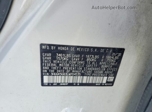 3HGGK5G63LM704535 2020 HONDA FIT White VIN կոդի պիտակի տեսք