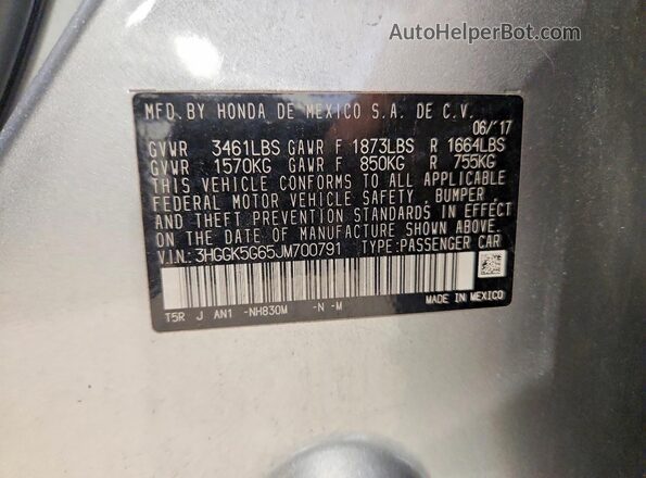 3HGGK5G65JM700791 2018 HONDA FIT Silver VIN sticker view