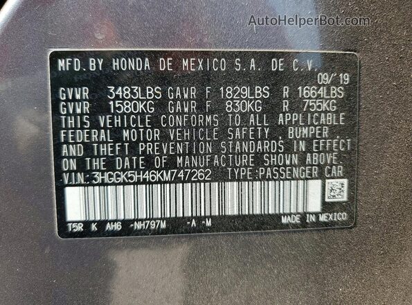 3HGGK5H46KM747262 2019 HONDA FIT Gray Панорамний вид салону 360°