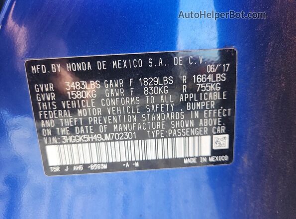 3HGGK5H49JM702301 2018 HONDA FIT Синий Вид подкапотного пространства