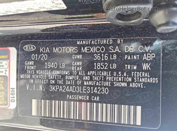 3KPA24AD3LE314230 2020 KIA RIO Black Շարժիչի բաժամունքի տեսք