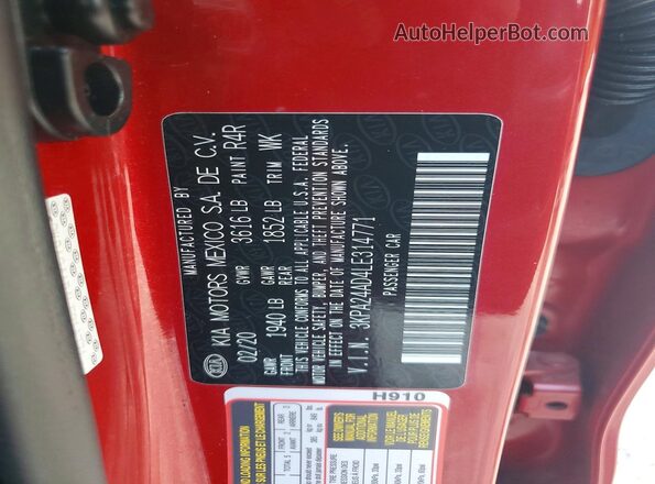 3KPA24AD4LE314771 2020 KIA RIO Red Widok komory silnika