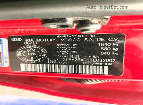 3KPA25AB2JE032002 2018 KIA RIO Red ძრავის განყოფილების ხედი