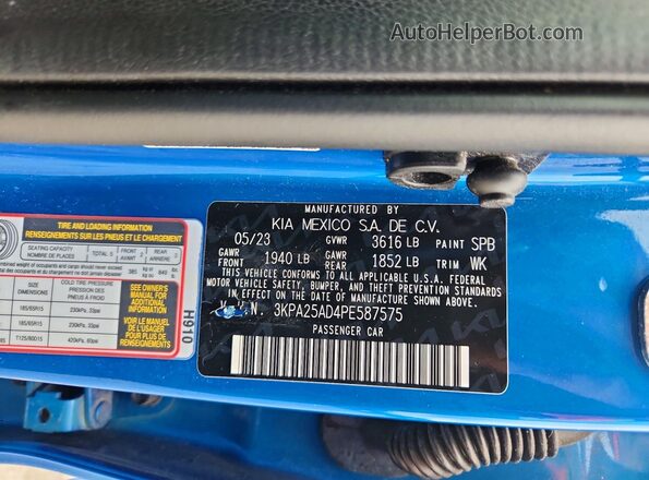 3KPA25AD4PE587575 2023 KIA RIO Blue Widok naklejki z numerem VIN