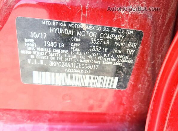 3KPC24A31JE006017 2018 HYUNDAI ACCENT Red ძრავის განყოფილების ხედი