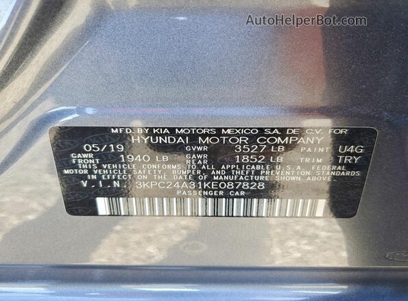 3KPC24A31KE087828 2019 HYUNDAI ACCENT Синий Вид наклейки с VIN-кодом