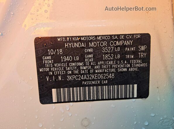 3KPC24A32KE062548 2019 HYUNDAI ACCENT White VIN sticker view