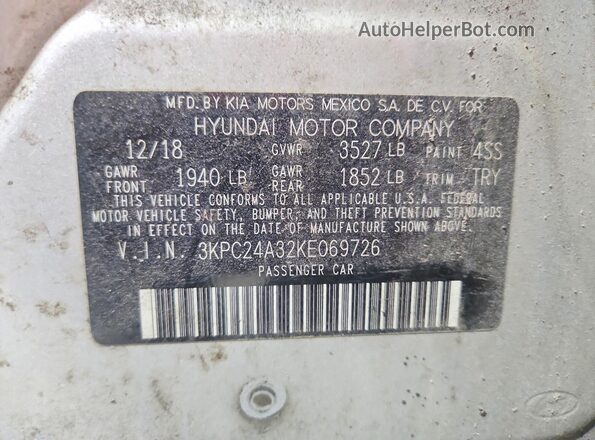 3KPC24A32KE069726 2019 HYUNDAI ACCENT Silver Вид підкапотного простору