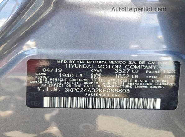 3KPC24A32KE086803 2019 HYUNDAI ACCENT Gray Вид підкапотного простору