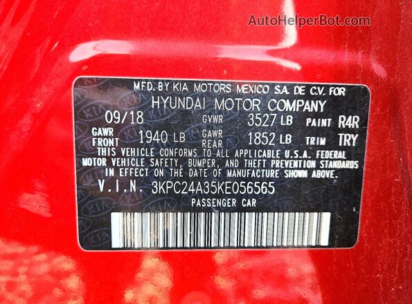 3KPC24A35KE056565 2019 HYUNDAI ACCENT Red Vista de la etiqueta del VIN