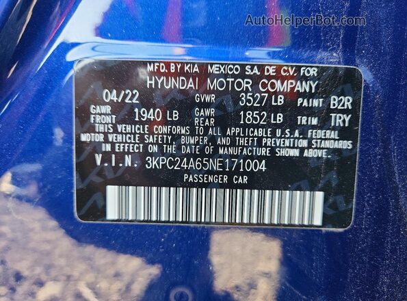 3KPC24A65NE171004 2022 HYUNDAI ACCENT Blue Vista del compartimento del motor