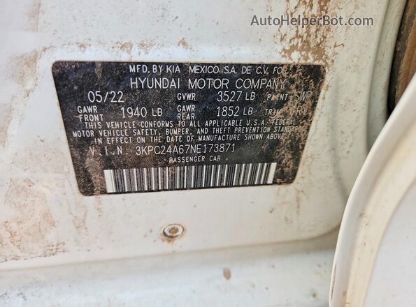 3KPC24A67NE173871 2022 HYUNDAI ACCENT White Widok naklejki z numerem VIN