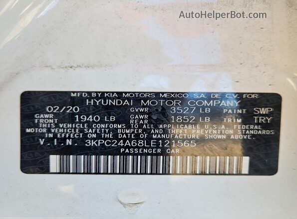 3KPC24A68LE121565 2020 HYUNDAI ACCENT White ძრავის განყოფილების ხედი