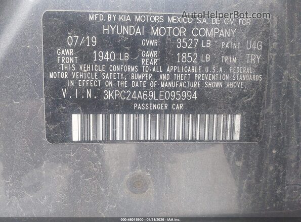 3KPC24A69LE095994 2020 HYUNDAI ACCENT Gray Widok komory silnika
