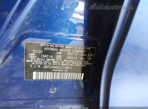 3KPC24A6XLE118621 2020 HYUNDAI ACCENT Blue Engine compartment view