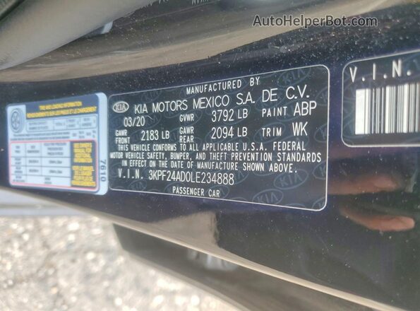 3KPF24AD0LE234888 2020 KIA FORTE Black ძრავის განყოფილების ხედი
