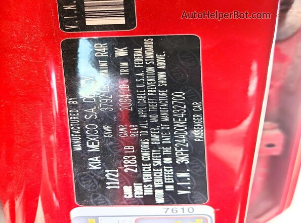 3KPF24AD0NE432700 2022 KIA FORTE Red Widok naklejki z numerem VIN